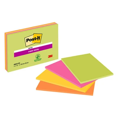 Image of Post it Super Sticky Meeting notes 4 neon colour pads in green, fuchsia, yellow and orange with 45 sheets per pad, 152 mm x 203