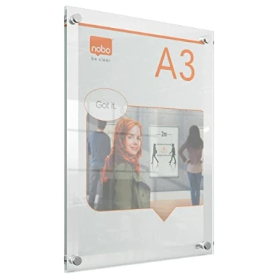 Image of Nobo A3 Acrylic Wall Mounted Poster Frame, Frameless, Through Corner Fixing, Portrait/Landscape, Premium Plus, Clear, 1915590