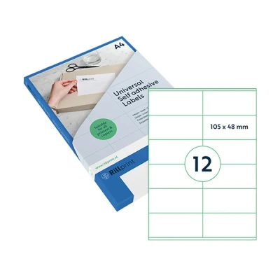 Image of Rillprint Multi Purpose Self Adhesive Labels Transparent Matt Pack of 300 105 x 48 mm 12 per A4 Sheet Printable &amp; Removable Universal Address Stickers 25 Sheets
