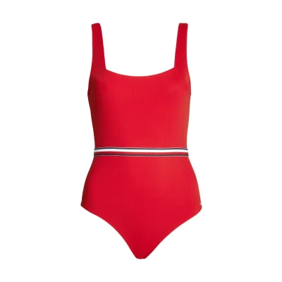 Image of Tommy Hilfiger Global Stripe Square NECK ONE Piece Swimsuit, Women&#039;s, Size: XL, Primary red