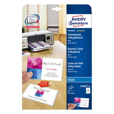 Image of Avery Quick and Clean Business Cards Inkjet 220gsm 8 per Sheet Gloss Ref C32028 10 [80 Cards]