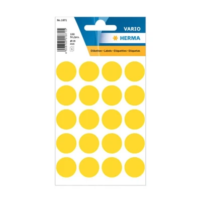 Image of HERMA Dot Stickers Yellow, 100 Labels, Ø 19 mm, 20 Labels per Sheet, Self Adhesive Round Colour Stickers, Blank Marking Dots, Sticky Circle for Color Coding Calendar