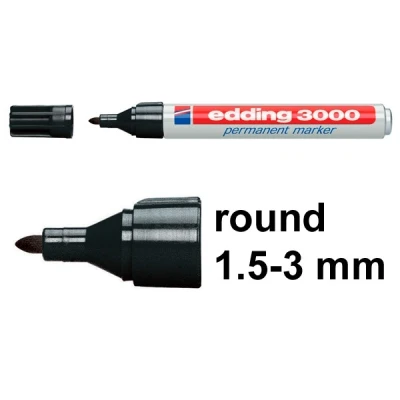 Image of edding 3000 Permanent Marker Black 1 Pen Round Tip 1.5 3 mm Quick Drying Markers Waterproof, Smudge Proof for Cardboard, Plastic, Wood, Metal, Fabric Pens