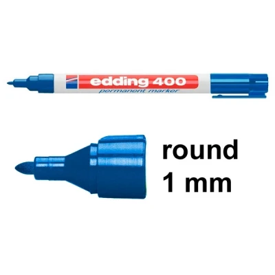 Image of edding 400 permanent marker blue 10 pens fine round tip 1 mm waterproof, quick drying, smear proof for cardboard, plastic, wood, metal, glass and fabric