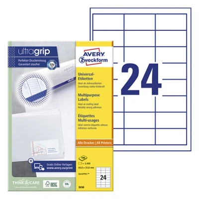 Image of Avery Zweckform 3658 Address Labels A4 Pack of 2,400 64.6 x 33.8 mm Matt Paper (100 Sheets) White