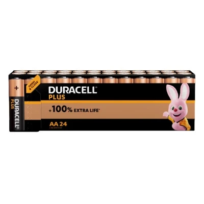 Image of Duracell Plus AA Batteries (24 Pack) Alkaline 1.5V Up To 100% Extra Life Reliability For Everyday Devices 0% Plastic Packaging 10 Year Storage LR6 MN1500