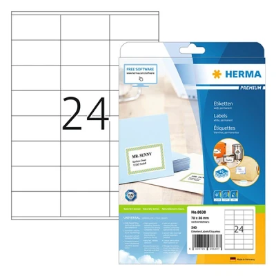 Image of HERMA Self Adhesive Address Labels, 24 Labels per A4 Sheet, 10 Sheets, 70 x 36 mm, 240 Blank Mailing Stickers, Sticky for Laser &amp; Inkjet Printer, White