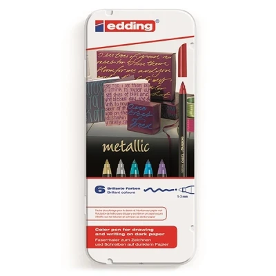 Image of edding 1200 metallic colour pen multi coloured 6 pens round nib 1 3 mm gift tin of colours