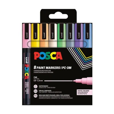 Image of POSCA Mitsubishi Pencil 8 PC3M Marker Pens Conical Tip Fine Water Based Paint Markers All Media For Paper, Textile, Glass, Pebble, Wood Pastel Colours