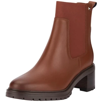 Image of Tommy Hilfiger FLAG MID HEEL Chelsea Classic ankle boots, Women&#039;s, Size: 6.5, Cognac brown Leather