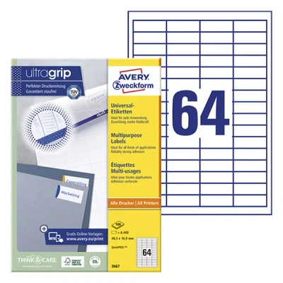 Image of Avery Zweckform 3667, Universal Labels, A4, matt Paper, 6,400 48.5 x 16.9 mm, 100 Sheets, White