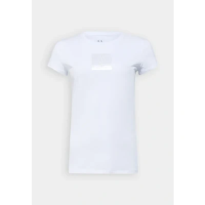 Image of Armani Exchange Women&#039;s Slim Fit Silk Patch Monogram Logo Tee T Shirt, White (Optic White), M
