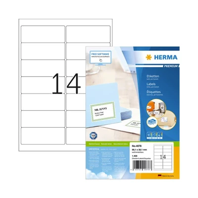 Image of HERMA Self Adhesive Multipurpose Labels, 14 Labels per A4 Sheet, 100 Sheets, 99.1 x 38.1 mm, 1400 Blank Universal Stickers, Sticky for Laser &amp; Inkjet Printer, White