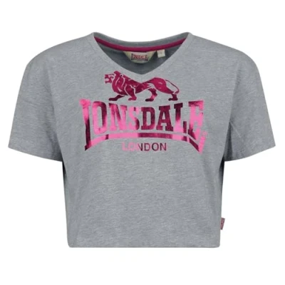 Image of Lonsdale Cropped Heddle Print Tshirt, Women&#039;s, Size: Medium, Marl grey pink
