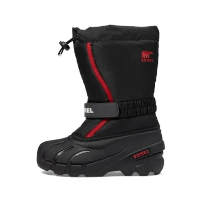 Image of Sorel Youth Flurry Unisex Winter boots for kids, Size: 3, Black/bright red Synthetics/textile