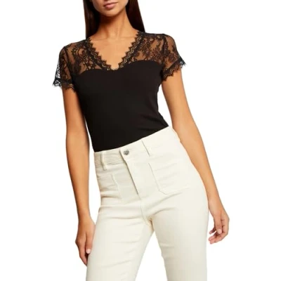 Image of Morgan Short Sleeve Lace T shirt, Black, M