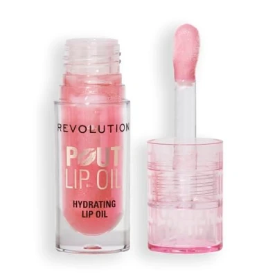 Image of Revolution, Lip Oil Pout Nourishing Tinted for Radiant Shine and Non Sticky, Vegan &amp; Cruelty Free, Glamour Pink Glitter, 3.5 ml