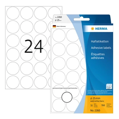 Image of HERMA Dot Stickers White, 768 Labels, Ø 25 mm, 24 Labels per Sheet, Self Adhesive Round Colour Stickers, Blank Marking Dots, Sticky Circle for Color Coding Calendar