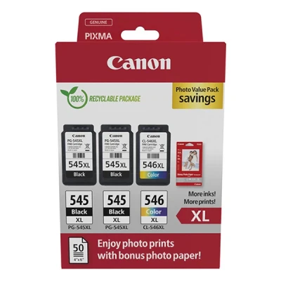 Image of Canon PG 545XL x 2 / CL 546XL High Yield Genuine Ink Cartridges, Pack of 3 (2 Black, 1 Colour); Includes 50 sheets 4x6 Photo Paper Cardboard Multipack