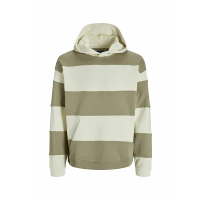 Image of JACK &amp; JONES Men&#039;s Joreaton Blocking Sweat Hood Sweatshirt, Silver Sage/Stripes: Antique White, S