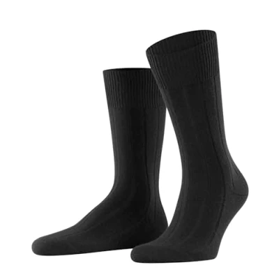 Image of FALKE Men&#039;s Lhasa Rib Socks Breathable Climate Regulating Odour Inhibiting Sustainable Wool Cashmere Reinforced Elegant Warming Flat Seam Pressure free Lace Plain Ribbed 1 Pair, Black