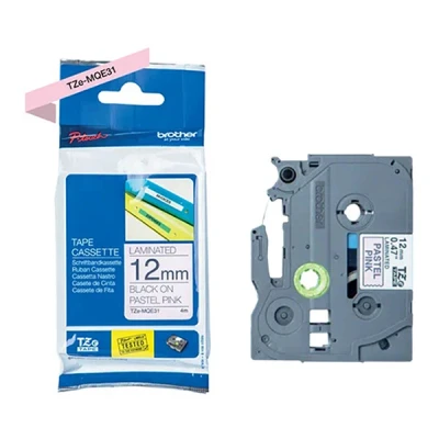 Image of Brother TZe MQE31 Labelling Tape Cassette, Black on Pastel Pink, 12 mm (W) x 4 m (L), Laminated, Genuine Supplies