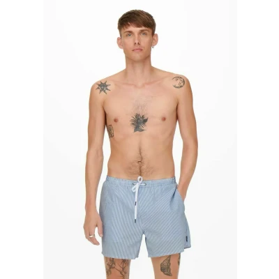 Image of ONLY &amp; SONS Men&#039;s Onsted Stripe Seersucker Swim Noos Shorts, Quiet Harbor, XXL