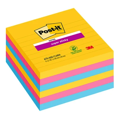 Image of Post it Super Sticky Notes, Carnival Colour Collection, lined, 101 mm x mm, 90 Sheets/Pad, 6 Pads/Pack