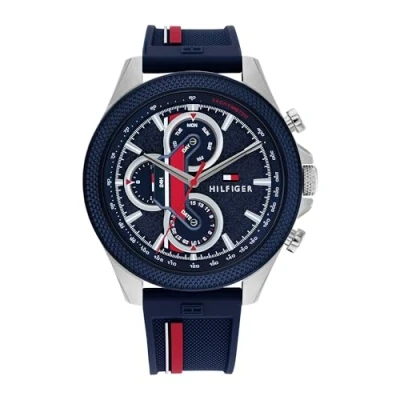 Image of Tommy Hilfiger Chronograph watch, Men&#039;s, Size: One Size, Blue/red/silver
