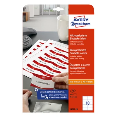 Image of Avery L4727 20 Printable Name Badge Insert Refills (90 x 54 mm Inserts) White, Pack of 200