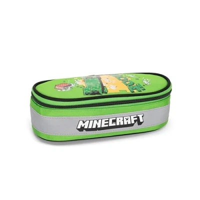 Image of Minecraft Official Pencil Case, Oval Case for Children, Ideal Storing Stationery, with Internal Divider Elastic Loops, Practical Zip Closure, 22 x 7 9.5 cm, Green,