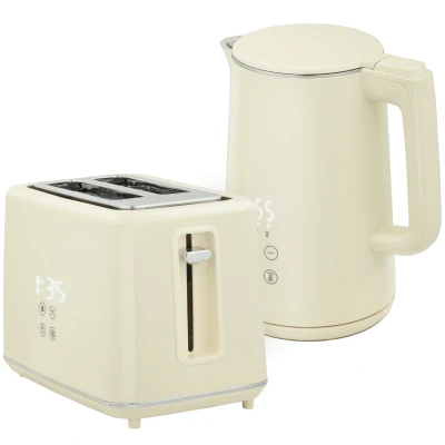 Image of HOMCOM Digital Kettle and Toaster Set, 1.5L 3000W Fast Boil Kettle, 2 Slice Kitchen Set with 7 Level Browning Controls, Defrost, Reheat, Keep Warm, Crumb Tray LED Touch Display, Beige