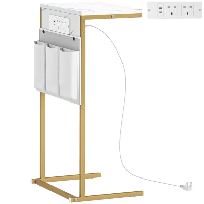 Image of HOMCOM C Shaped Bedside Table with Charging Station, Marble Grain Side Power Outlets &amp; USB Ports, Storage Bags, for Bedroom, Living Room, White