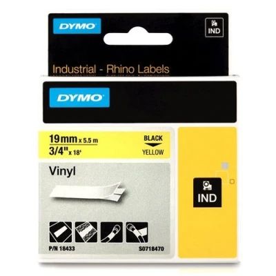 Image of DYMO Rhino Industrial Vinyl Labels 19 mm x 5.5 m black on yellow self adhesive tape for and LabelManager Label Printer