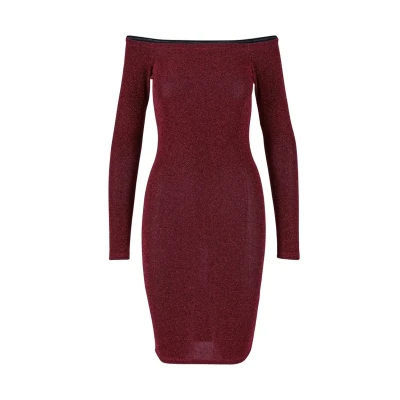 Image of Urban Classics OFF Shoulder Longsleeve Glitter Cocktail dress / Party dress, Women&#039;s, Size: Large, Burgundy