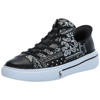 Image of Skechers Men&#039;s Hands Free Slip ins X Dogg Snoop One Double G Sneaker, Black White Bandana Print Leather, 5.5 UK