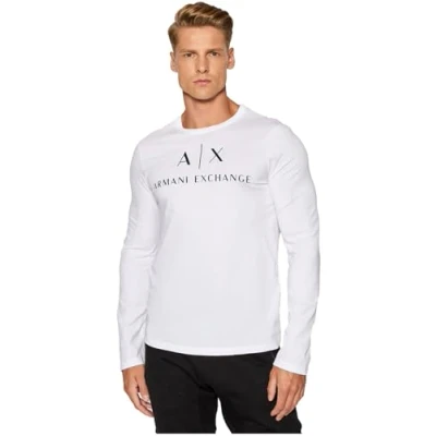 Image of Armani Exchange Men&#039;s Ax Long Sleeve Logo Crewneck T Shirt, White, XL