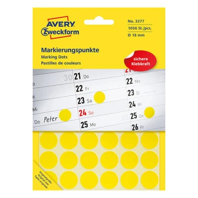 Image of AVERY Zweckform 3377 Self Adhesive Marking Dots (Diameter 18 mm, 1,056 on 22 Sheets, Round Stickers for Calendars, Planners and Crafts, Paper, Matte) Yellow