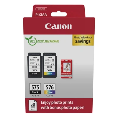 Image of Canon PG 575 / CL 576 Genuine Ink Cartridges, Pack of 2 (1 x Black, 1 Colour); Includes 50 sheets 4x6 Photo Paper Cardboard Multipack