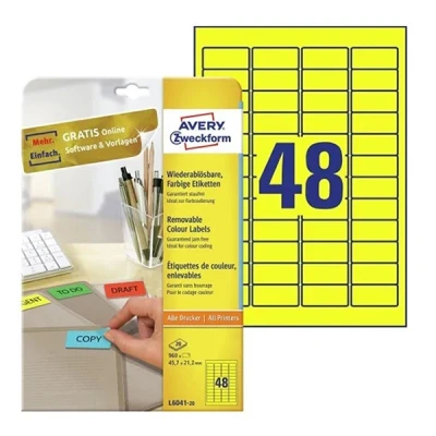 Image of AVERY Zweckform L6041 20 Removable Mini Labels (45.7 x 21.2 mm Labels, 48 per A4 Sheet, Sheets) for all printers Yellow