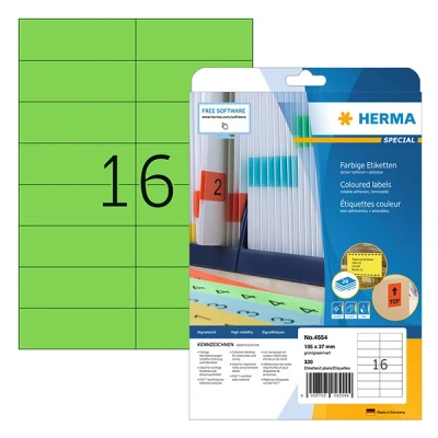 Image of HERMA Self Adhesive Coloured Labels, 16 Labels per A4 Sheet, 20 Sheets, 105 x 37 mm, 320 Blank Removable Colour Stickers, Sticky for Laser &amp; Inkjet Printer, Green