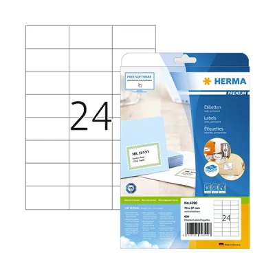 Image of HERMA Self Adhesive Address Labels, 24 Labels per A4 Sheet, 25 Sheets, 70 x 37 mm, 600 Blank Mailing Stickers, Sticky for Laser &amp; Inkjet Printer, White