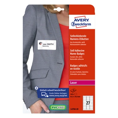 Image of Avery L4784 20 Customisable, Printable Repositionable Name Badge Labels, 27 Labels Per A4 Sheet Blue Border,White,63,5 x 29,6 mm