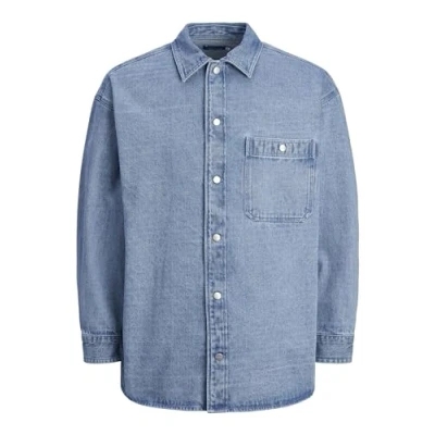 Image of JACK &amp; JONES Men&#039;s Jorsantorini Denim Overshirt LS Long Sleeve Shirt, Light blue (light denim), XL