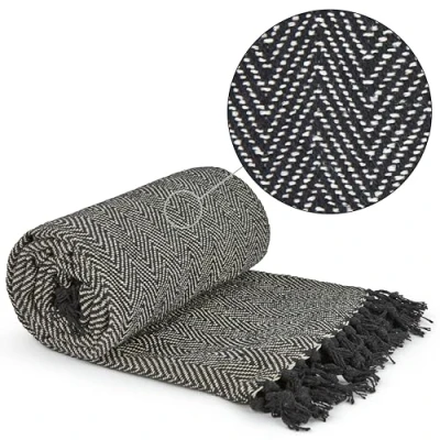 Image of Emma Barclay Herringbone Recycled Cotton Patterned Chair Sofa Setee Bed Throw Over Blanket in Black 50x60 (127x152cm)