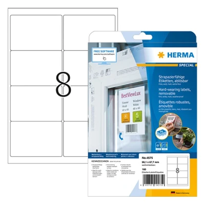 Image of HERMA Self Adhesive Removable Film Labels, 8 Labels per A4 Sheet, 20 Sheets, 99.1 x 67.7 mm, 160 Blank Weatherproof Stickers, Sticky for Laser &amp; Inkjet Printer, White