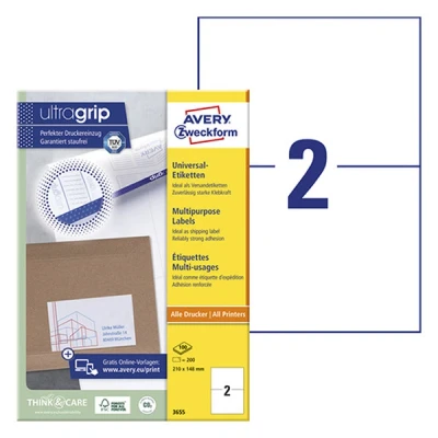 Image of AVERY Zweckform 3655 Universal Labels (200 Adhesive Labels, 210 x 148 mm on A4, Printable Self Stickers with Ultragrip, DHL) 100 Sheets, White