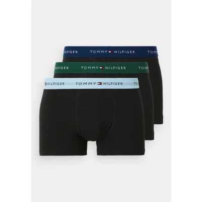 Image of Tommy Hilfiger Men’s 3 Pack Trunks with Logo Waistband, Gold (Orn Grn/Prp Nvy/Ves Blu), XL