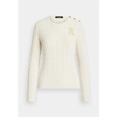 Image of Lauren Ralph Button TRIM Cable KNIT Cotton Jumper Jumper, Women&#039;s, Size: XXS, Mascarpone cream