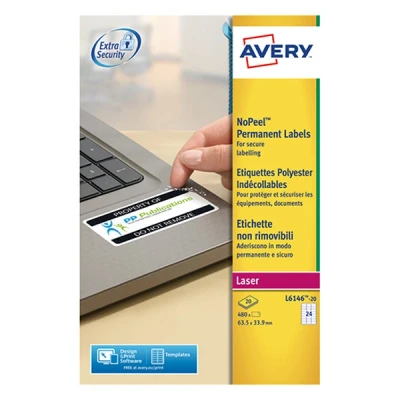 Image of Avery L6146 20 Extra Strong Adhesive NoPeel Permanent Labels, 24 Labels Per A4 Sheet, white, 63.5 x 33.9 mm